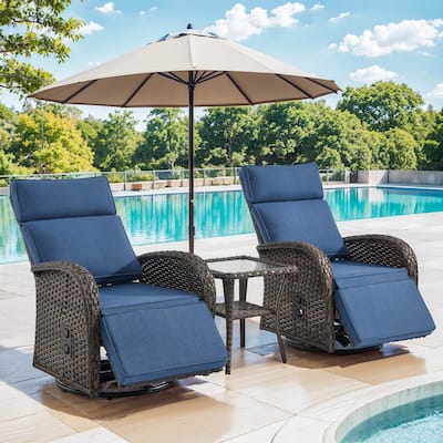 Pocassy 3PCS Versatile Outdoor Recliner Chair with Side Table Blue Cushion