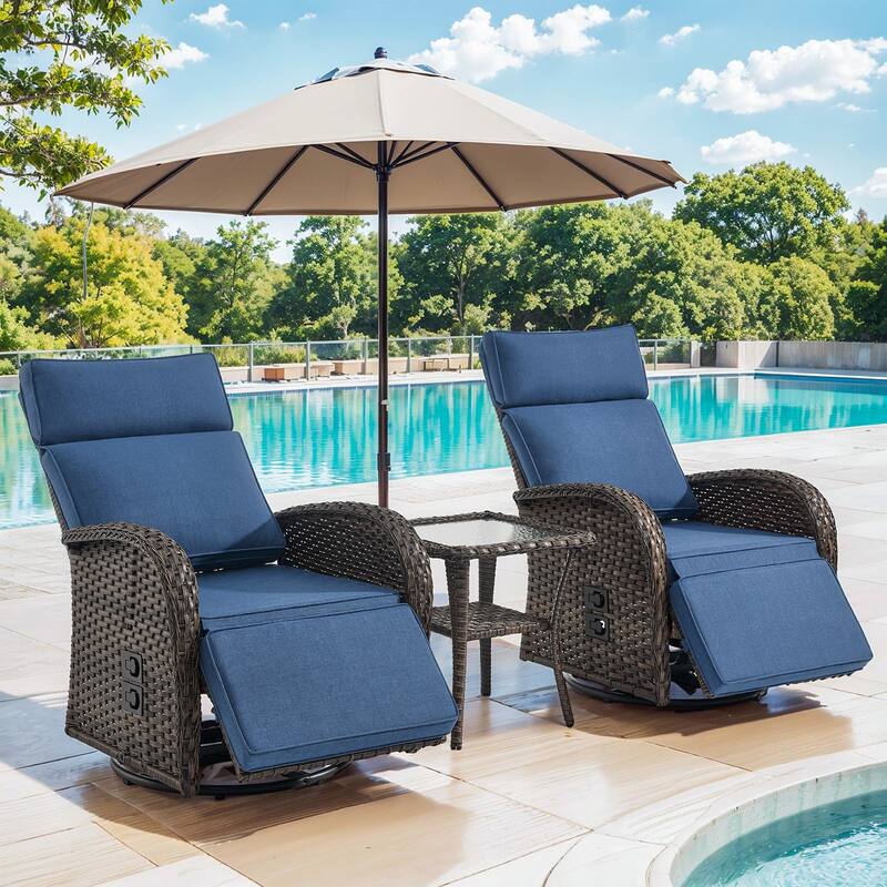 Pocassy Swivel Reclining Chair Lounge Chair with Adjustable Backrest - Blue Cushion - Browm Wicker - 3-Piece Recliner Swivel Chair with Side Table