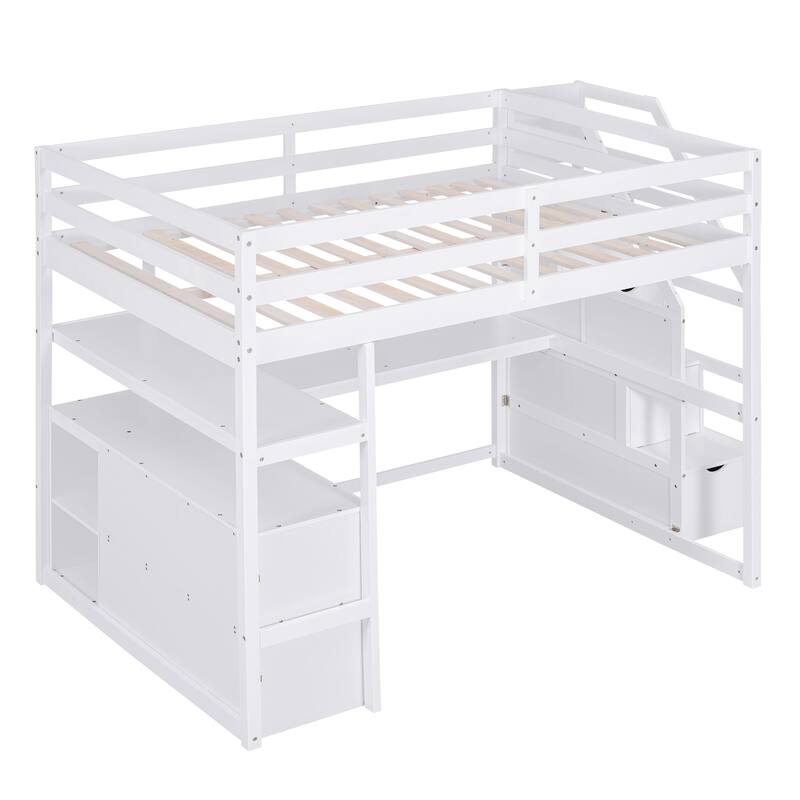 Full Size Loft Bed with Desk, Shelves, Drawers, and Storage Staircase in White