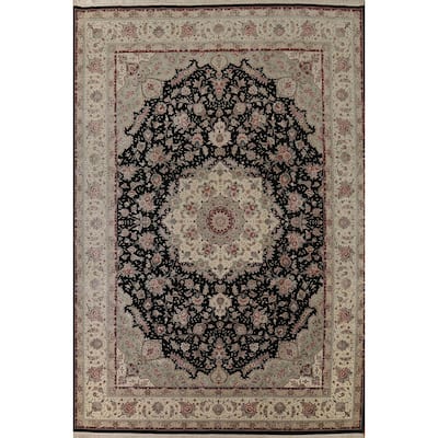 Black Aubusson Chinese Vintage Large Rug Hand-Knotted Wool Carpet - 10'3" x 14'1"