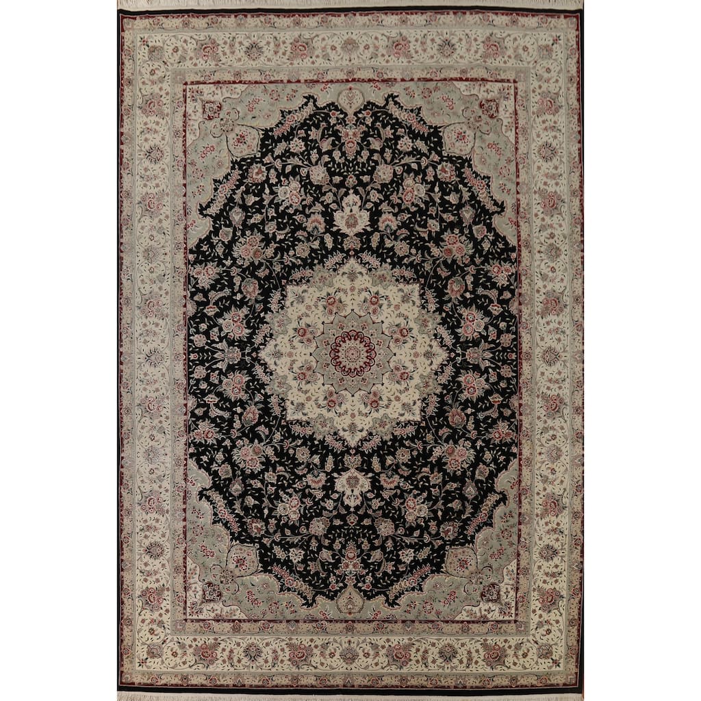 Black Aubusson Chinese Vintage Large Rug Hand-Knotted Wool Carpet - 10'3" x 14'1"