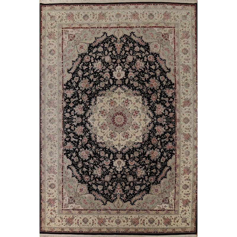 Black Aubusson Chinese Vintage Large Rug Hand-Knotted Wool Carpet - 10'3" x 14'1"