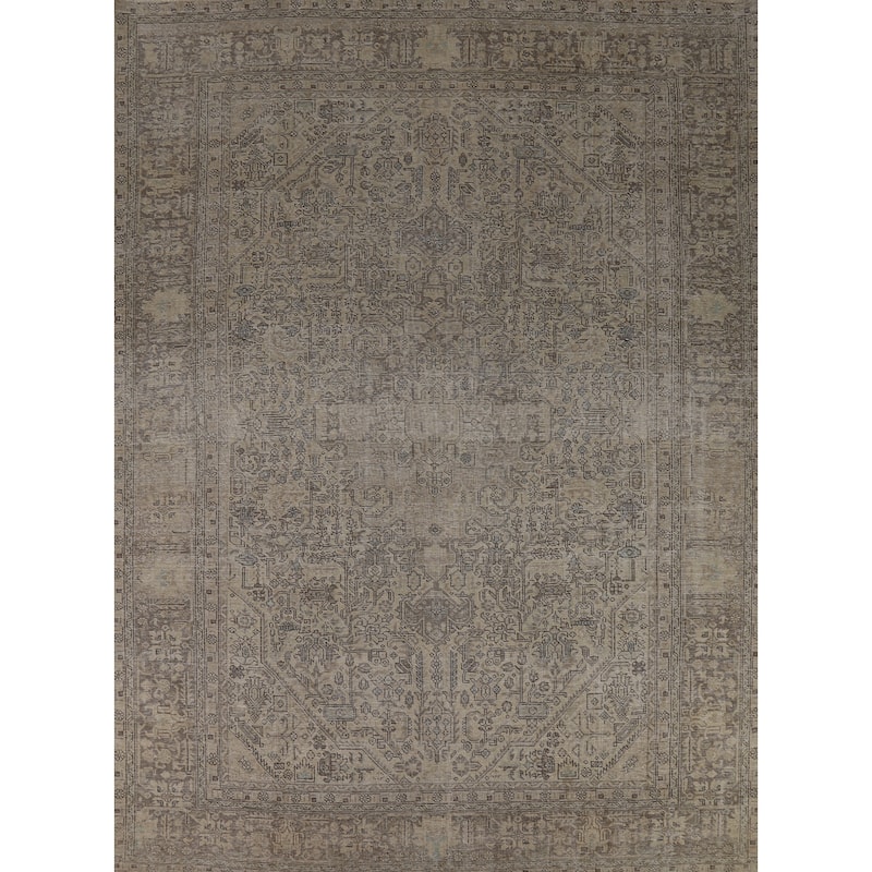 Geometric Tabriz Persian Vintage Rug Hand-Knotted Beige Wool Carpet - 9'1" x 12'4"