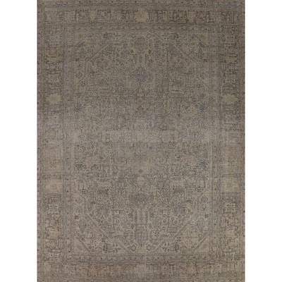 Geometric Tabriz Persian Vintage Rug Hand-Knotted Beige Wool Carpet - 9'1" x 12'4"
