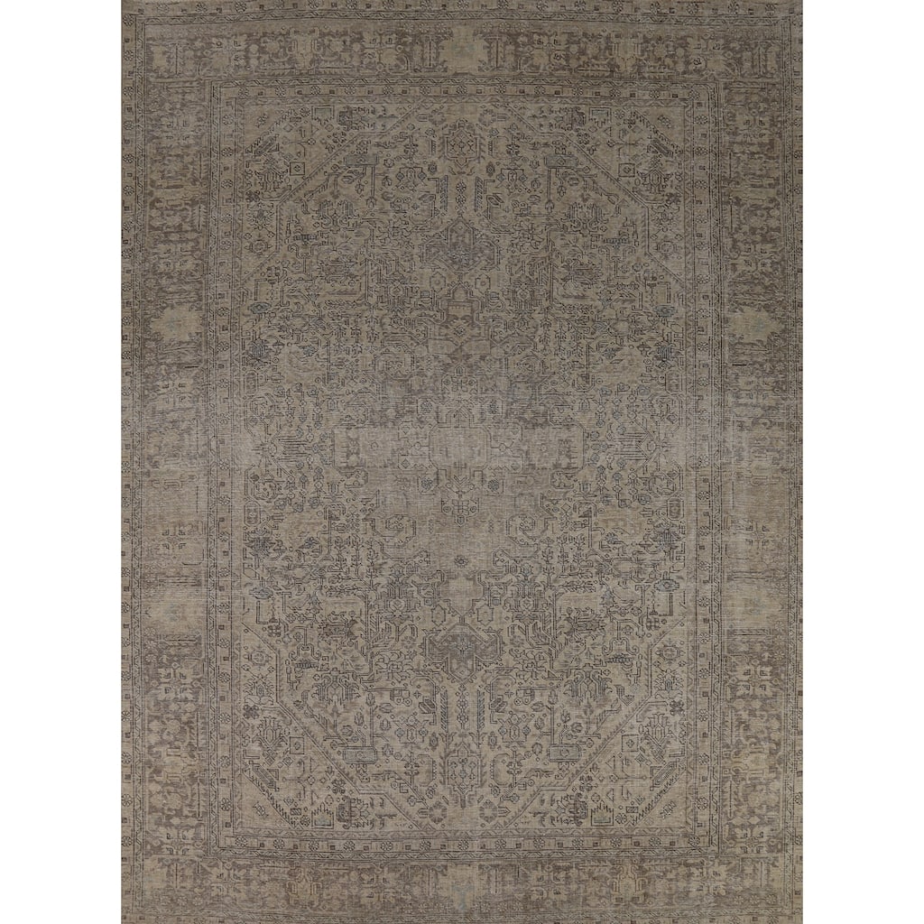 Geometric Tabriz Persian Vintage Rug Hand-Knotted Beige Wool Carpet - 9'1" x 12'4"
