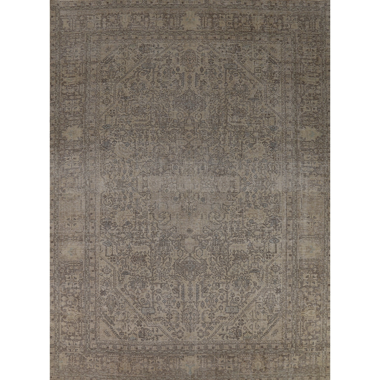 Geometric Tabriz Persian Vintage Rug Hand-Knotted Beige Wool Carpet - 9'1" x 12'4"