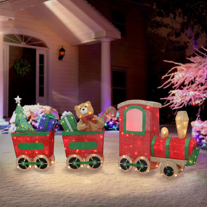 Puleo International Lighted Outdoor Wire Frame Train with Presents