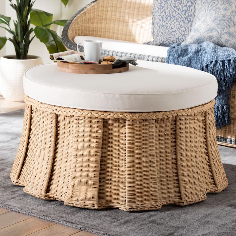 Ying Round Natural Rattan Ottoman with Cushion - Handwoven Wicker Pleated Skirt Accent Coffee Table or Extra Seating