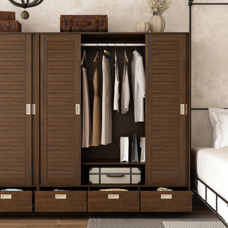 Brown Wardrobe Armoire with Drawers, Hanging Rod 4 Sliding Doors