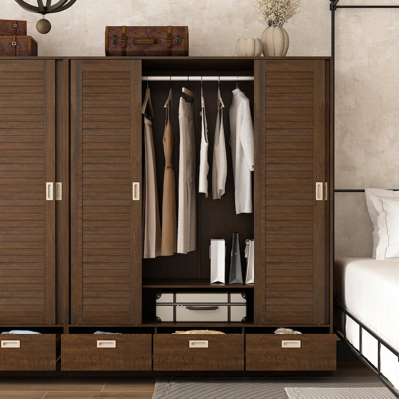 Brown Wardrobe Armoire with Drawers, Hanging Rod 4 Sliding Doors On
