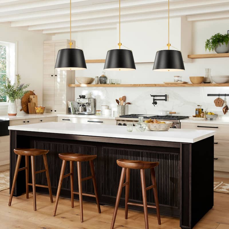 3-Light Matte Black Modern Industrial Drum Pendant Lights for Kitchen Island - 19.49 in. W x 17.32 in. H