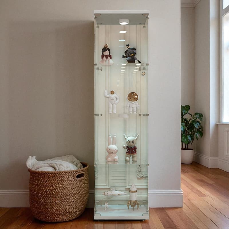 Tempered Glass Display Cabinet with Remote Control LED Lights, Lockable Storage Shelves and Adjustable Feet - White