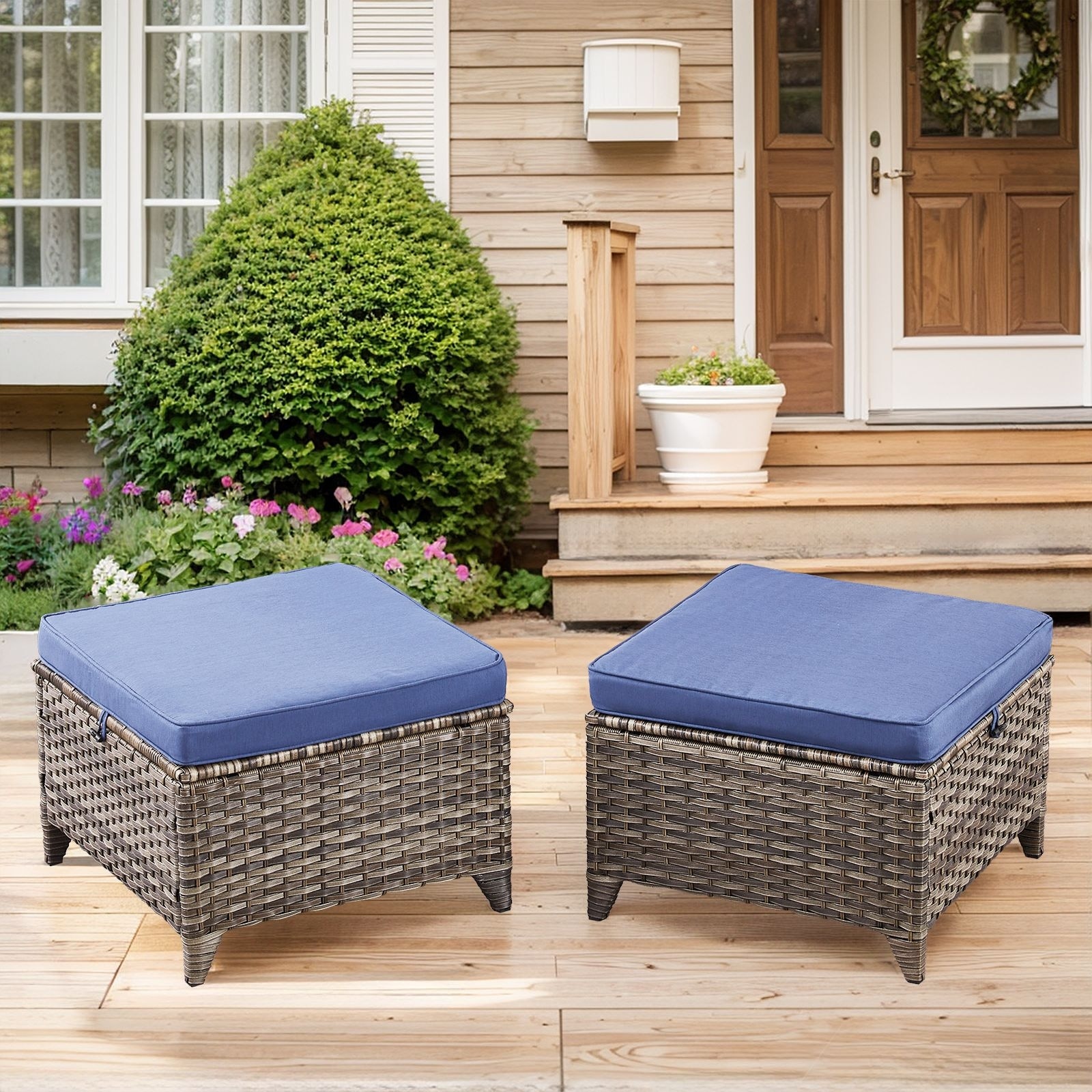 Gymojoy Outdoor Wicker Ottomans with Olefin Cushions 2 Piece Blue
