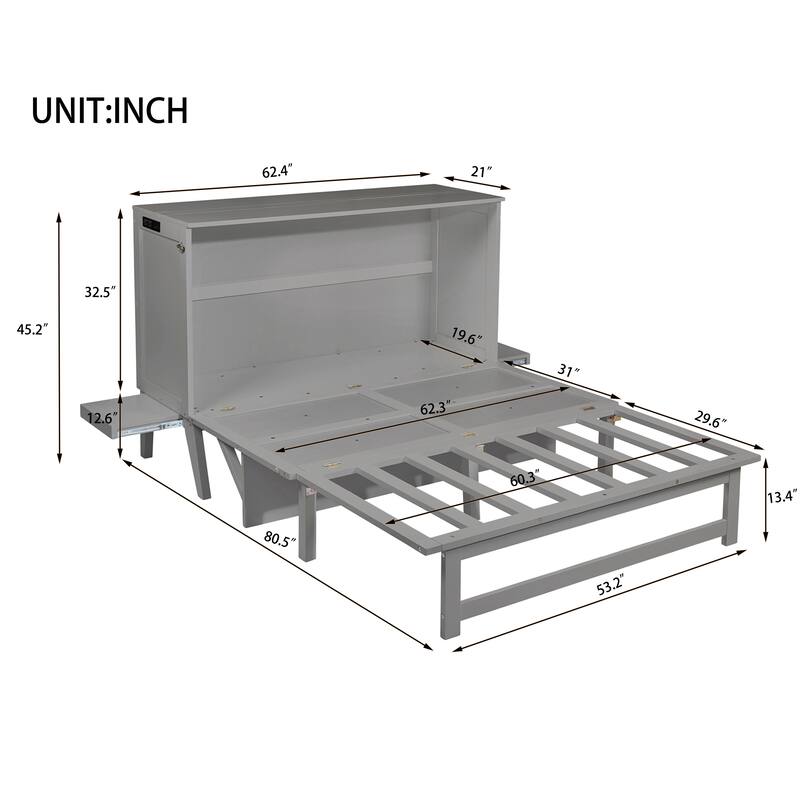 Queen Size Murphy Bed with USB Port and Removable Shelves on Each Side, Solid Pine Murphy Cabinet Bed for Home Office