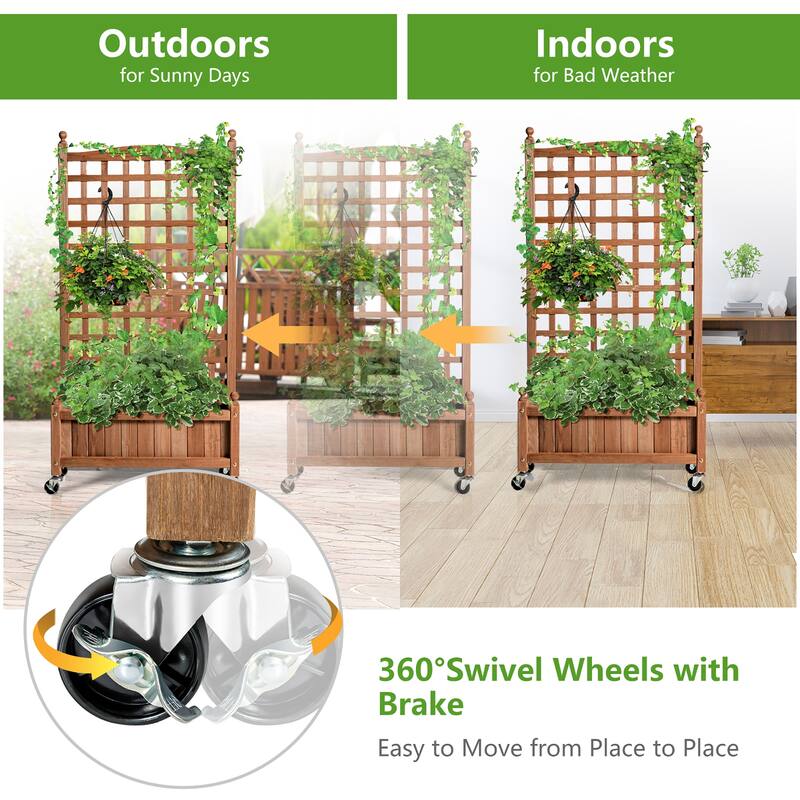 Costway 50in Wood Planter Box w/Trellis Mobile Raised Bed for - See details