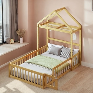 Wooden Floor Bed with Detachable Headboard & Dress Up Rack for Kids, Natural