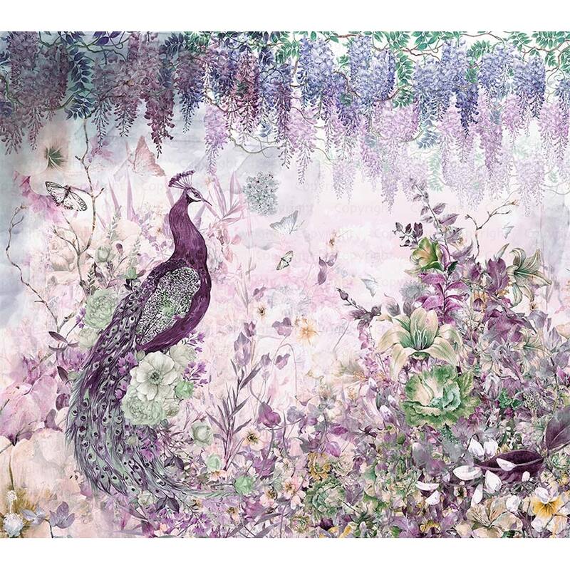 Peacock Wallpaper Mural with Floral and Wisteria Accents