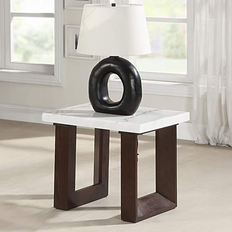 Square End Table with Marble Top in White and Brown