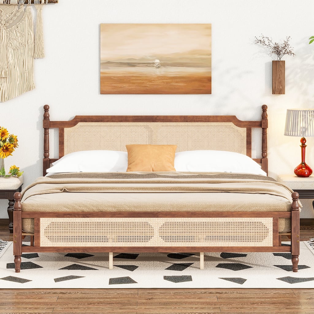 King Pine wooden Bed with Rattan Headboard and Footboard, with Central Enhanced Bed Platform