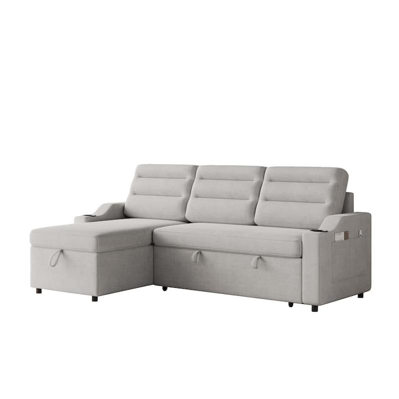 83.5" Fabric Convertible 3-Seater Sleeper Sofa with Pull-Out Bed, Recliner, Storage Pocket, and Cup Holder