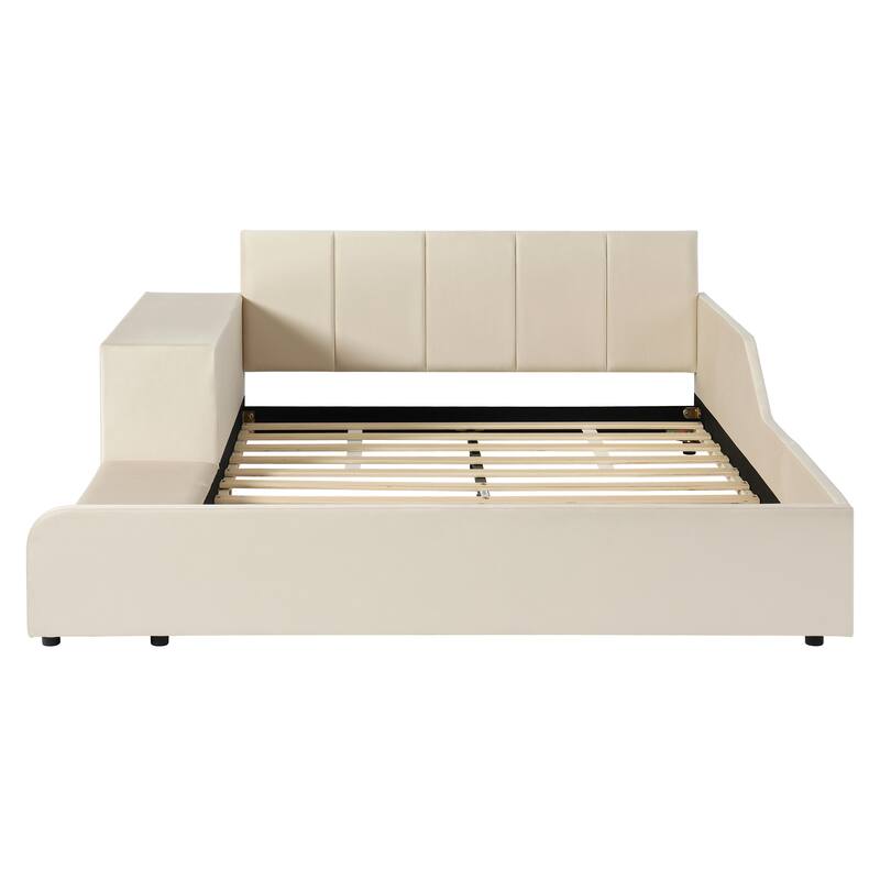 Roomfitters Full/Queen Size Upholstered Grounded Platform Bed with Bedside Desk and Round Stool, Velvet Fabric Bed Frame