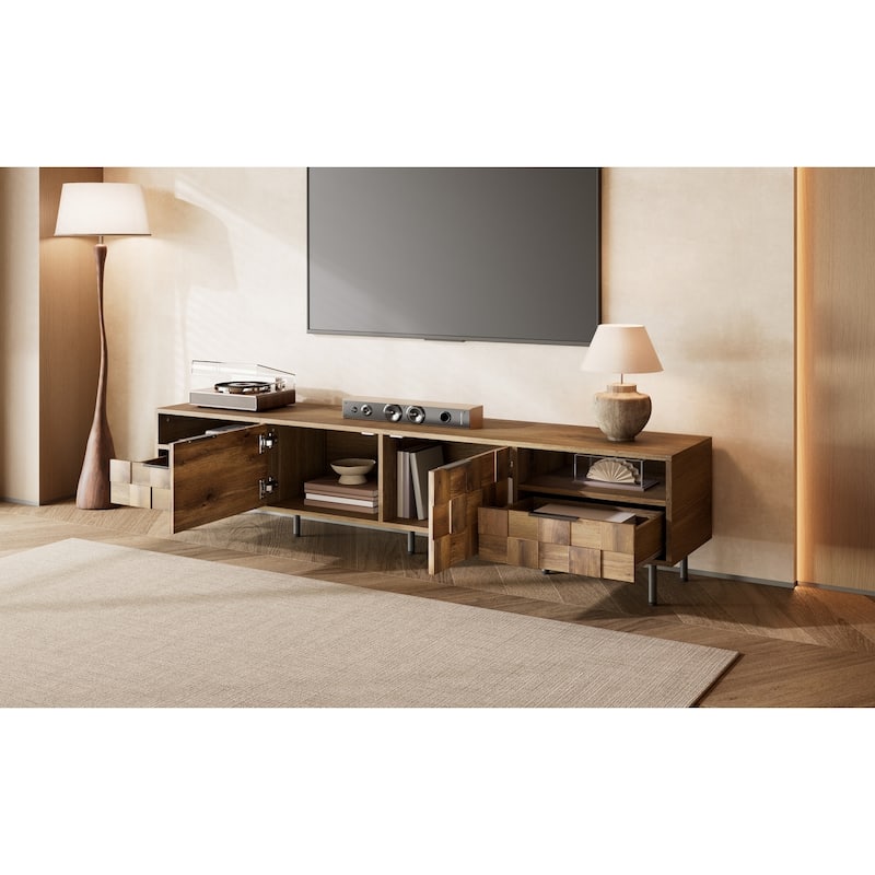 Mid-Century Modern TV Stand Media Console, Entertainment Center with 2 Drawers, Storage Cabinets, Open Shelves for TVs up to 85"