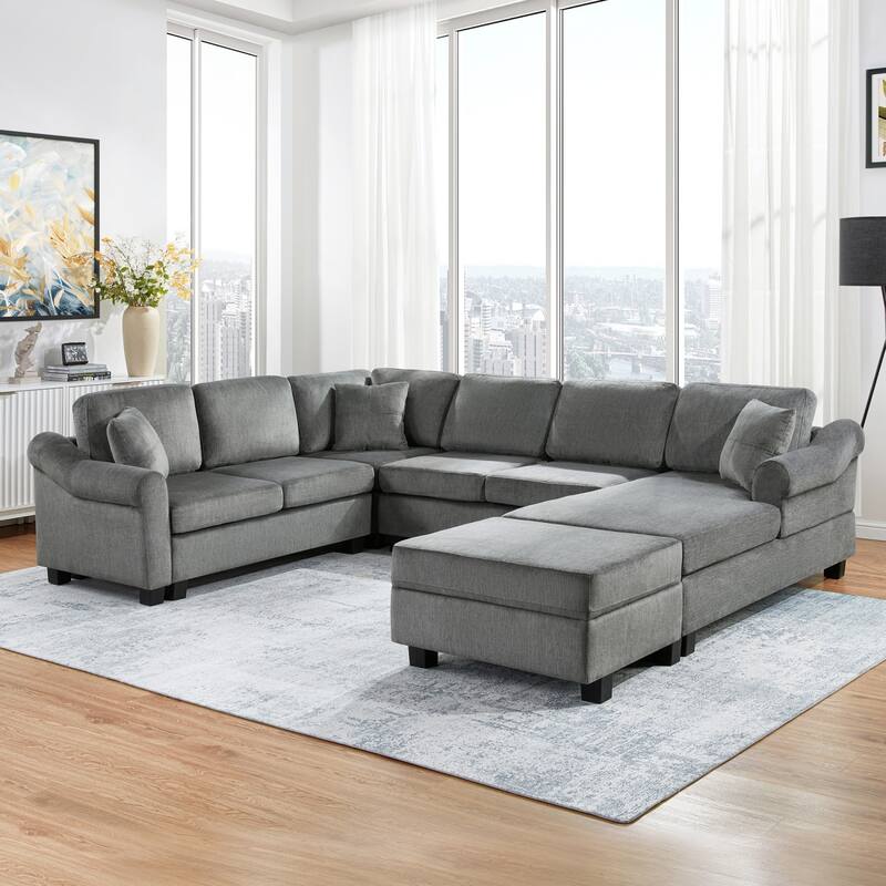 111.8" U-Shaped Chenille Upholstered Sectional Sofa with Movable Storage Ottoman