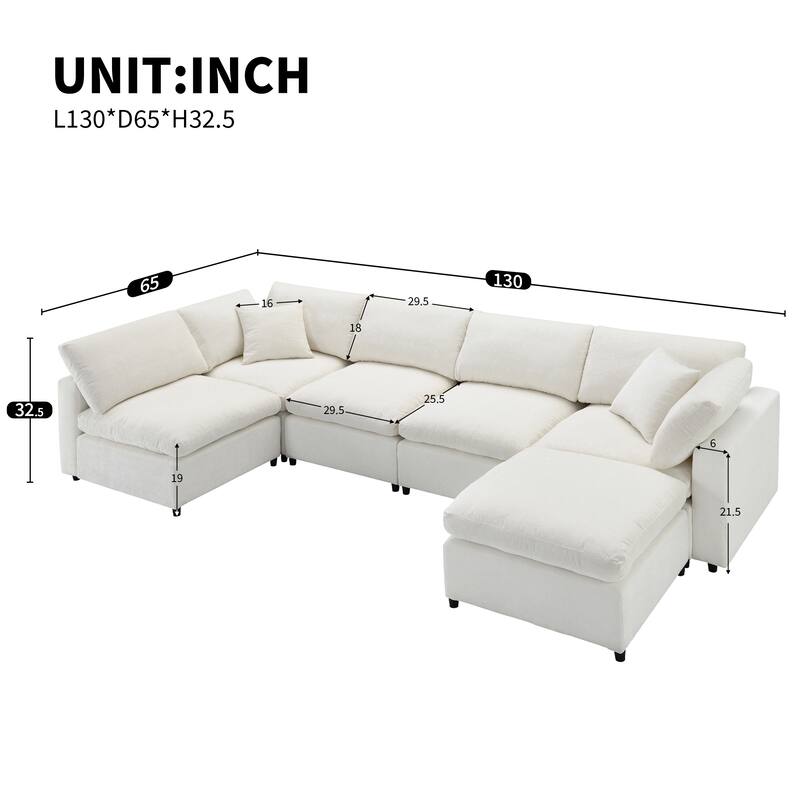 Oversized Chenille Sectional Sofa Bed, Modular 6 Seater Cloud Sofa with Ottoman, Convertible U Shaped Sleeper Sofa with Pillow - Beige