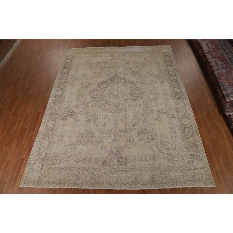 Tabriz Persian Vintage Rug Hand-Knotted Traditional Beige Wool Carpet - 9'9"x 12'6"