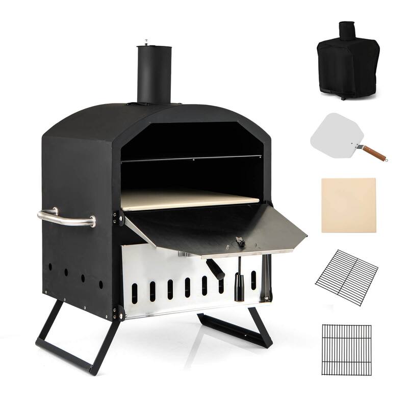 Costway 16" Outdoor Pizza Oven with Stone Peel & Grill Racks Folding - See Details - Black - Metal