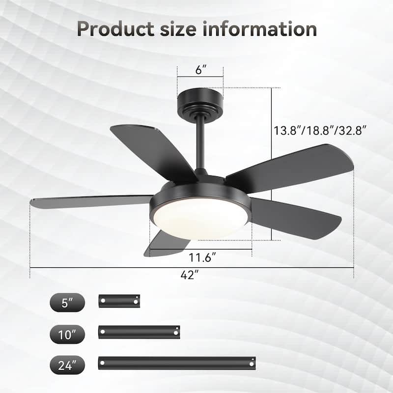 42 Inch Black Ceiling Fan with LED Light and Remote Control MDF Blades