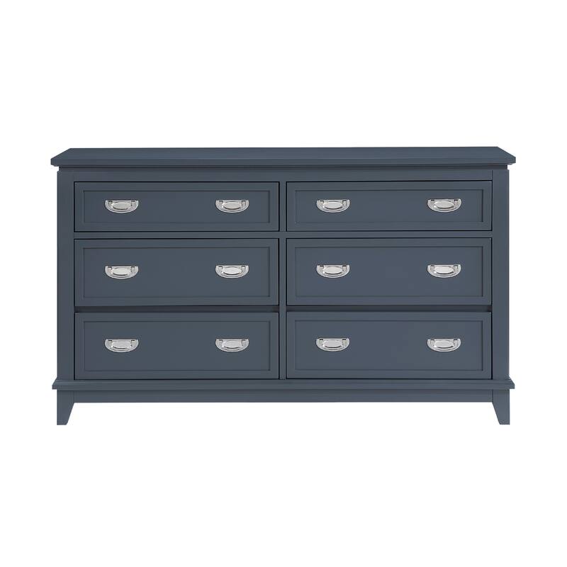 Sely Dresser, 55 Inch, 6 Drawers, Navy Blue Wood Nickel Ring Handles