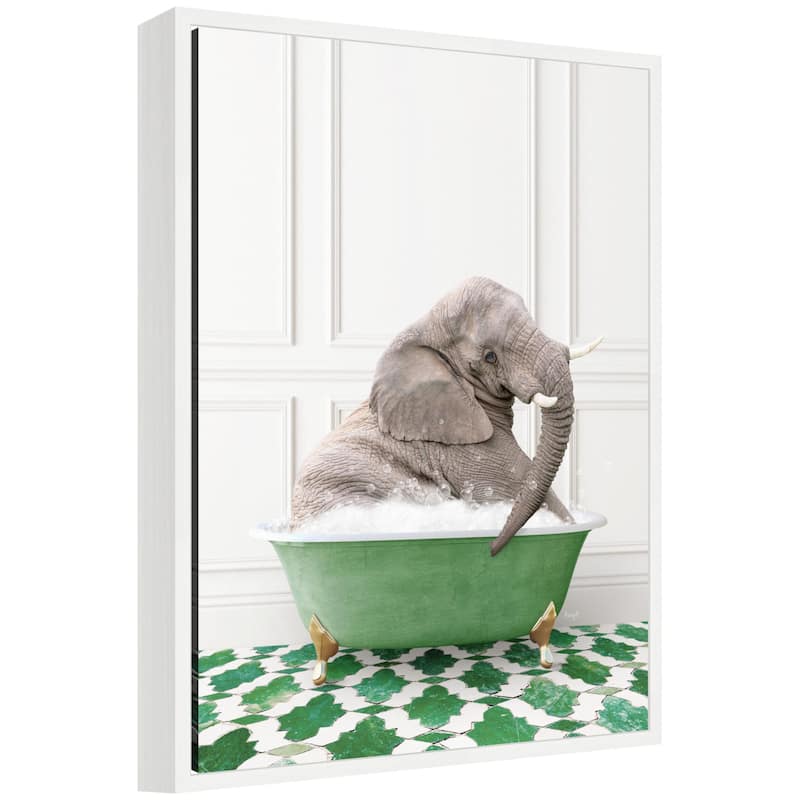 Kate and Laurel Sylvie Young Elephant in Eclectic Green Panel Wall Bathtub Framed Canvas by Amy Peterson - White