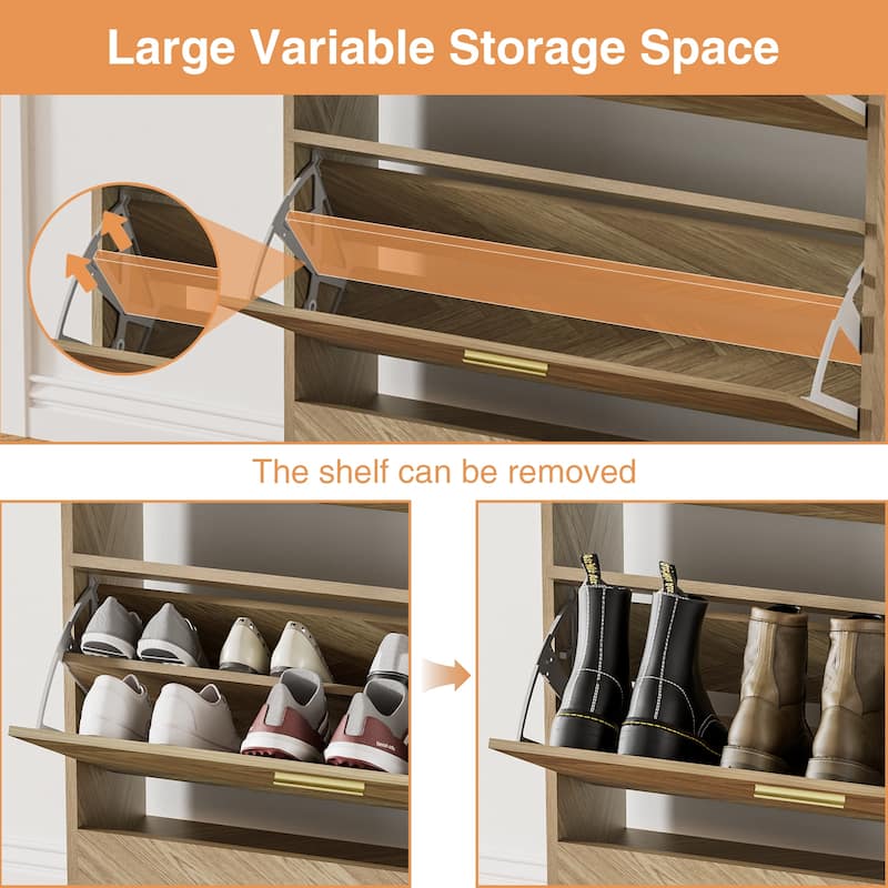 Anmytek 16 Pairs Wood Shoe Storage Cabinet Narrow Shoes Organizer Cabinet with 2 Flip Drawers for Entryway