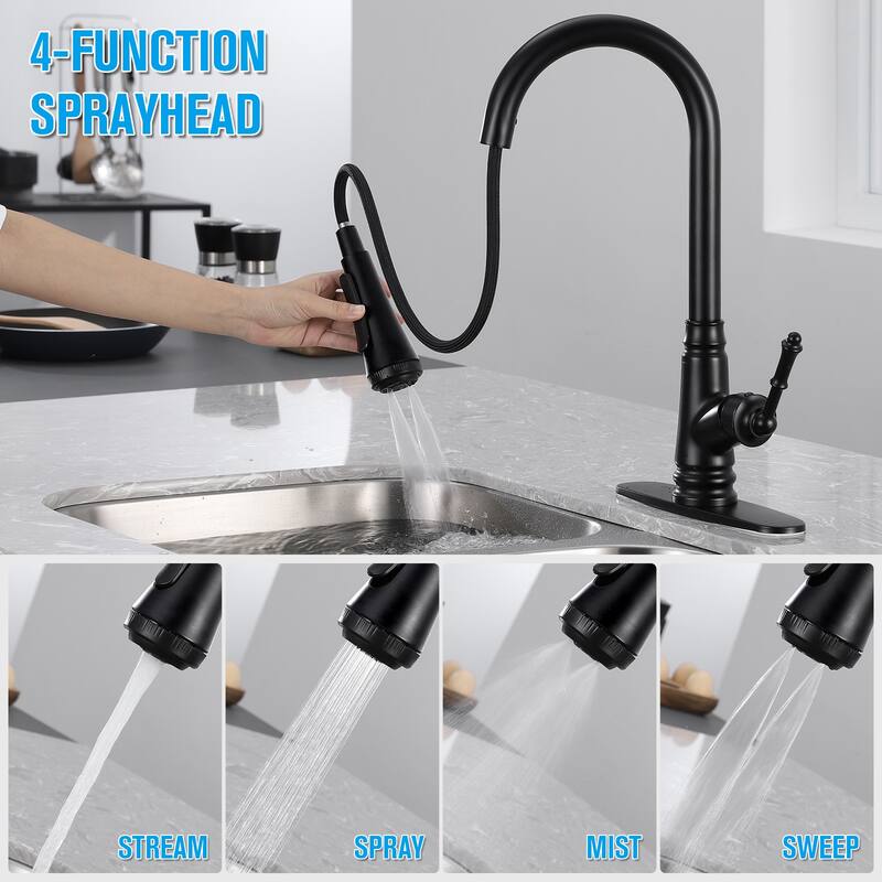 Single Handle Pull-out Kitchen Faucet with Deck Plate Matte Black