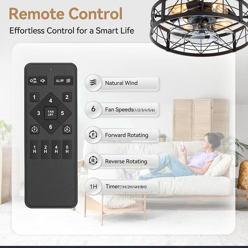 20" 7-Blade Matte Black Flush Mount Caged Ceiling Fan with Light and Remote