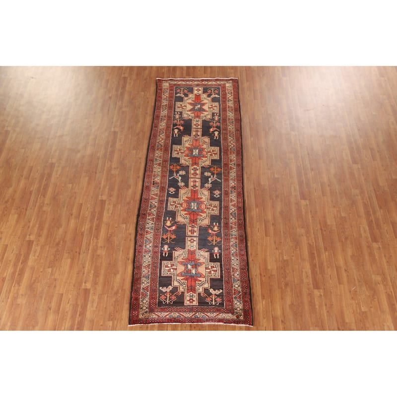 Navy Blue Ardebil Persian Vintage Runner Rug Hand-knotted Wool Carpet - 3'9"x 10'8"