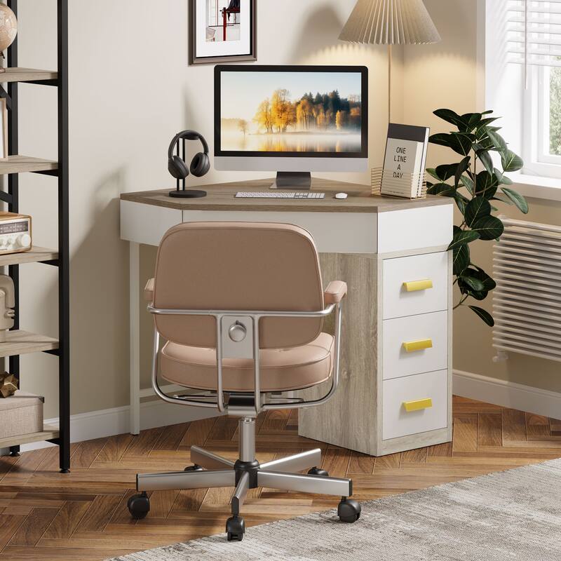 Corner Desk with Drawers, Computer Writing PC Makeup Vanity Storage Desk, Home Office Living Room Bedroom Accent Desk