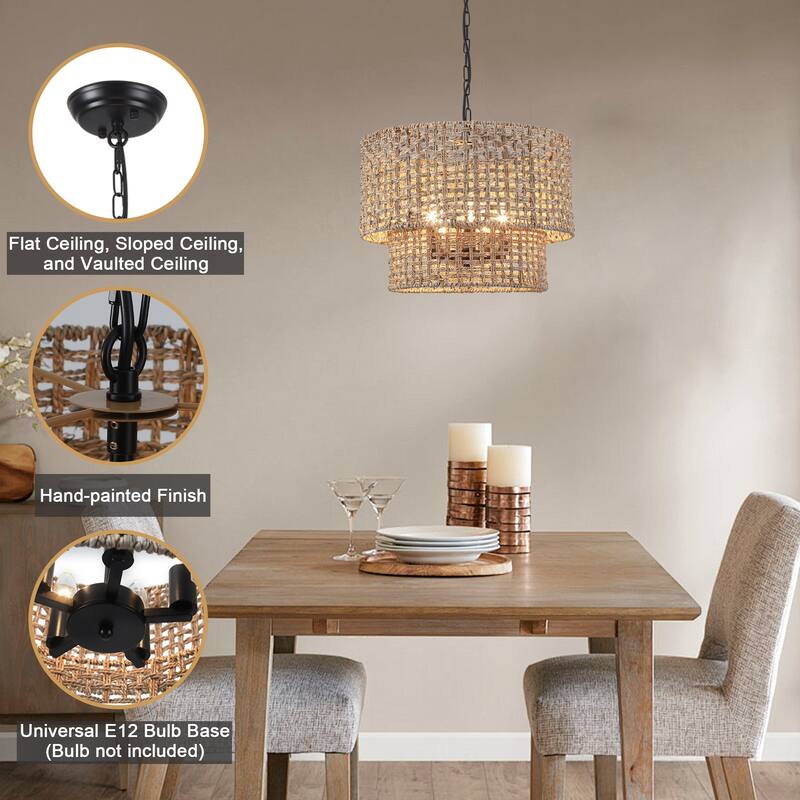 5-Light Metal 2-Tier Traditional Linear Drum Chandelier Pendant Light with Rattan Shade for Kitchen Island Dining Room
