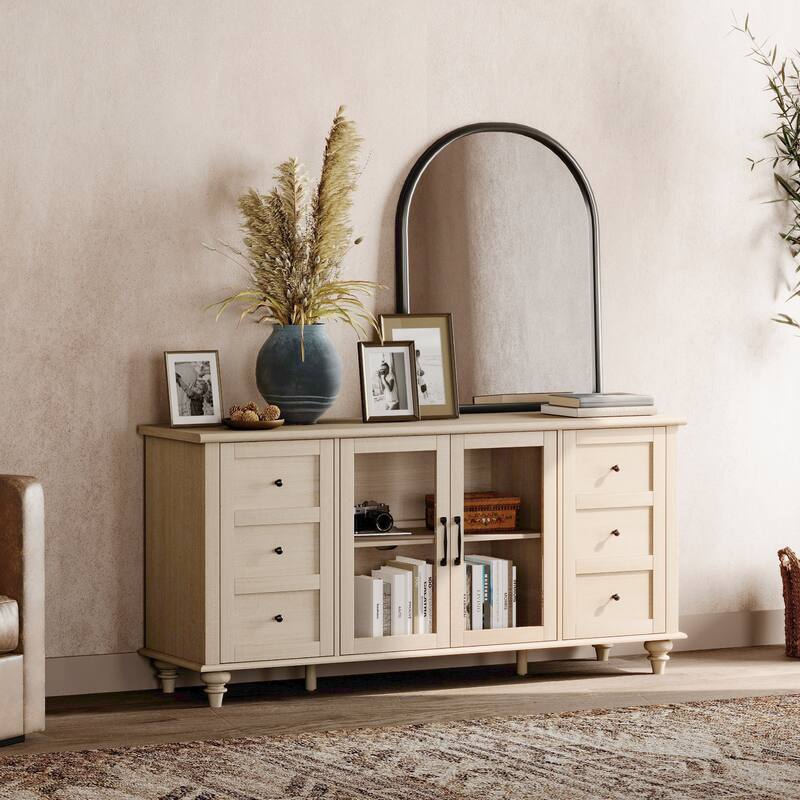 Farmhouse TV Stand for 65 Inch TV, Wood Console Table with Glass Door
