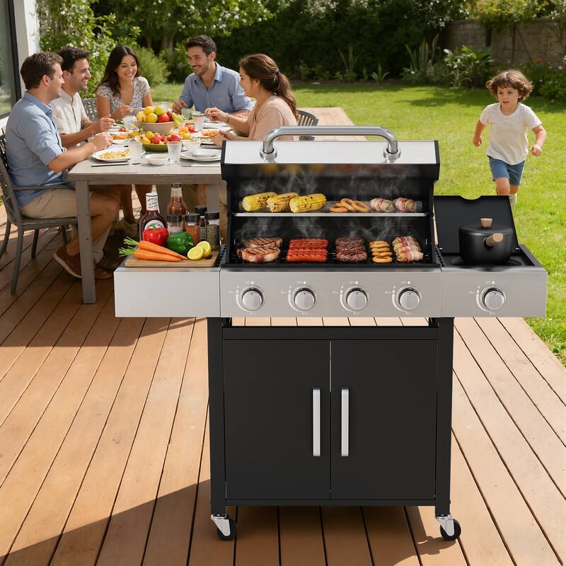 4-Burner Outdoor Gas Grill with Side Burner, 304 Stainless Steel Tabletop & Lid, Portable for Patio, Garden, Backyard