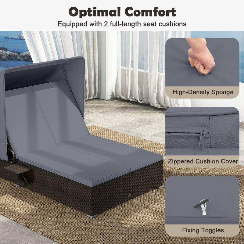 Gymax 2-person Rattan Lounge Bed w/ Retractable Canopy 5-position