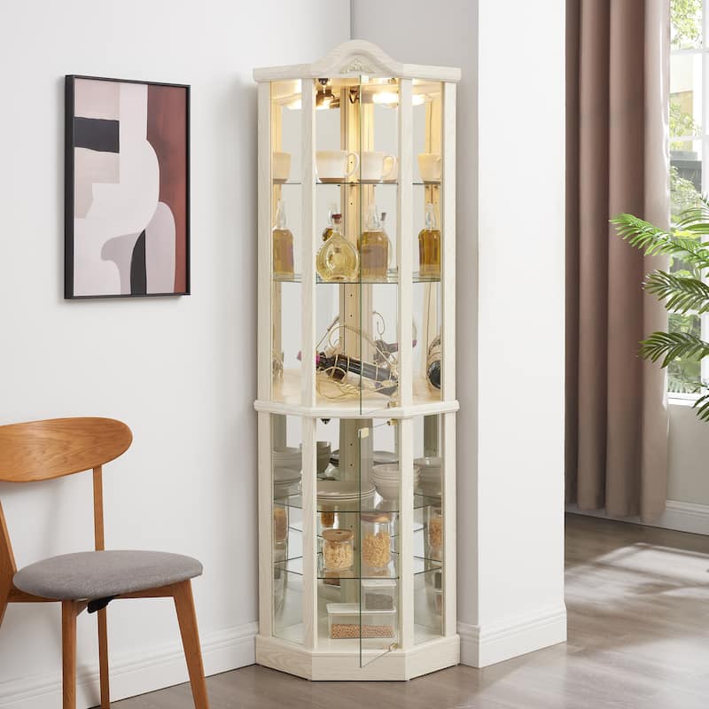 Glass Cabinet Lighted Corner Cabinet Corner Display Curio Cabinet, Glass Display With Light Bar Cabinet, Wine Cabinet - White