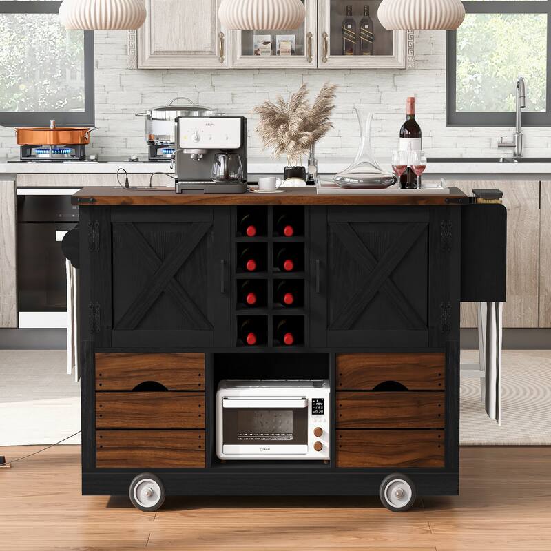 54" Farmhouse Kitchen Island with Drop Leaf, Power Outlet - Black
