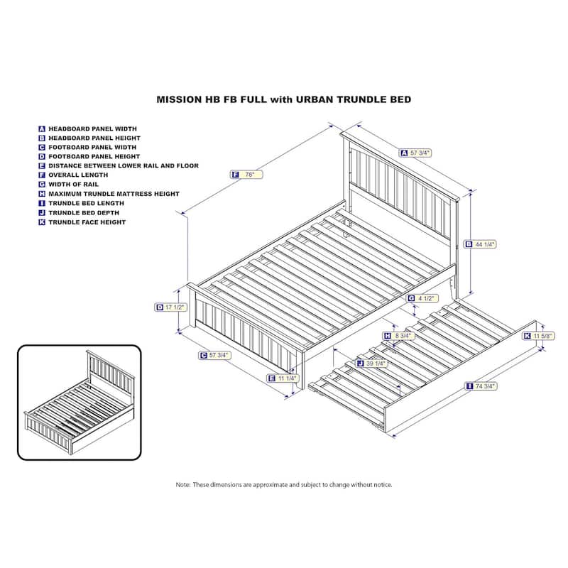 Mission Full Platform Bed with Footboard with Twin Trundle in Grey