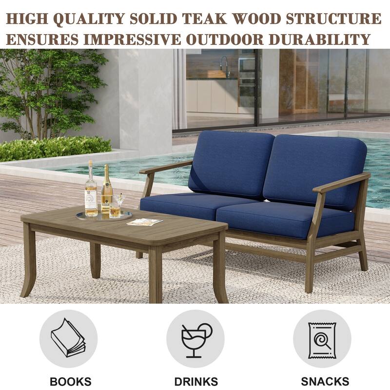 Teak Wood Patio Outdoor Loveseat Sofa and Coffee Table Set