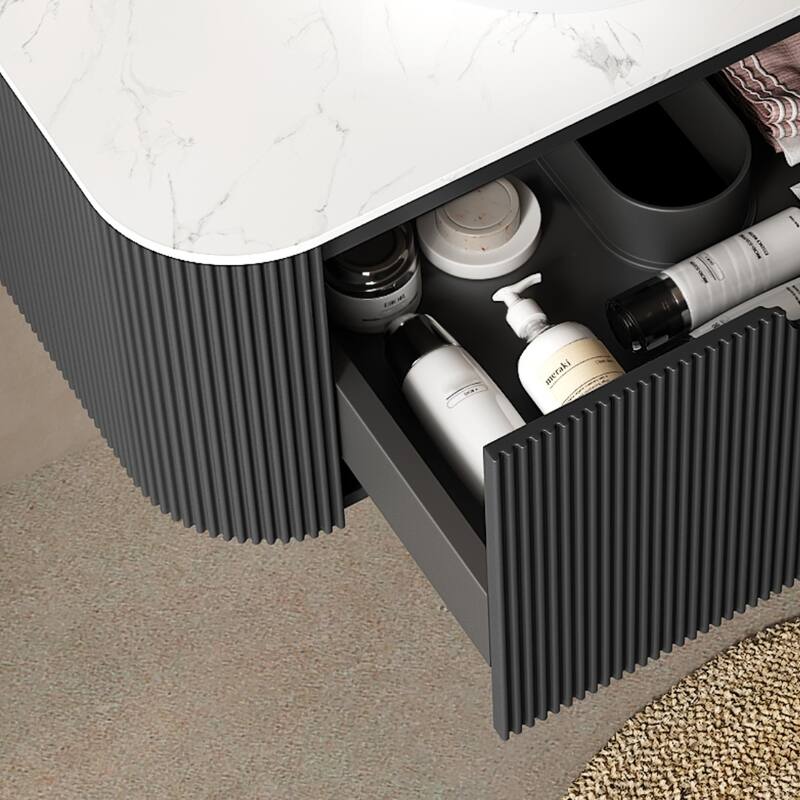 Vanity With Sink, Modern Wall-Mounted Floating Curved Edges Striped Bathroom Storage Cabinet, Round Ceramic Basin Without Faucet