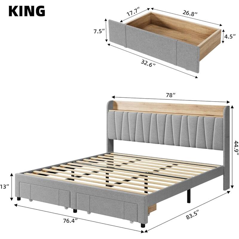 Upholstered Platform Bed with Storage Headboard, Drawer & Charging Station, Wood Slat Support