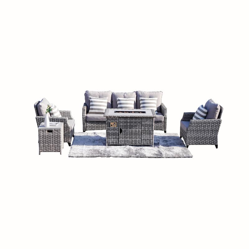 Abrihome 5-piece Wicker Patio Garden Furniture Sofa Set with Gas Fire Pit - Large