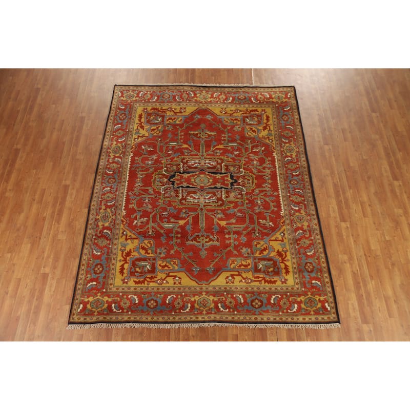 Hand Knotted Oriental 100% Wool Carpet Traditional Medallion Oranges & Rust Heriz (serapi) Area Rug - 9' 9'' X 7' 9''